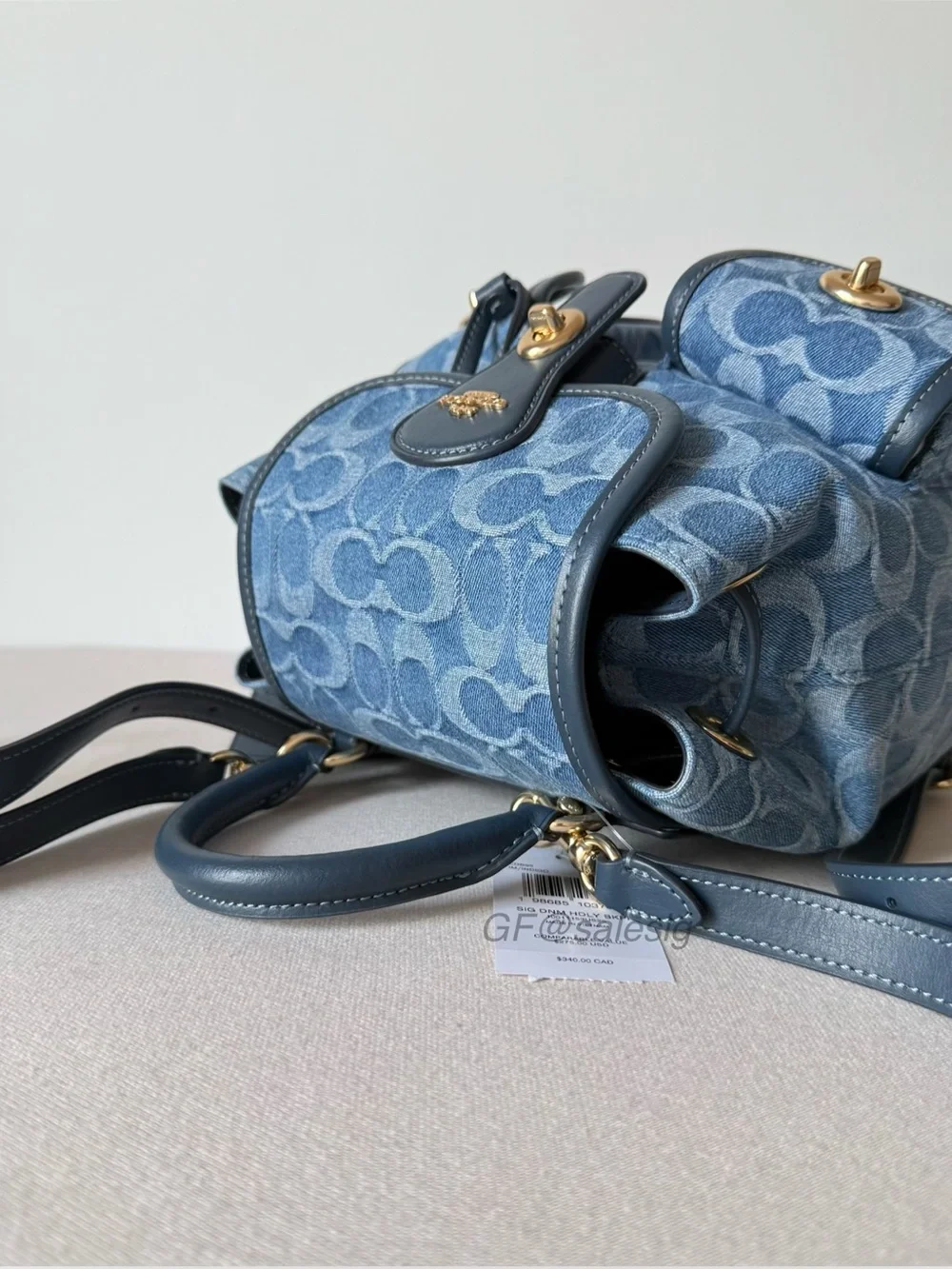 NWT Coach Hadley Backpack Signature Denim Blue Leather Gold Turnlock CDB95